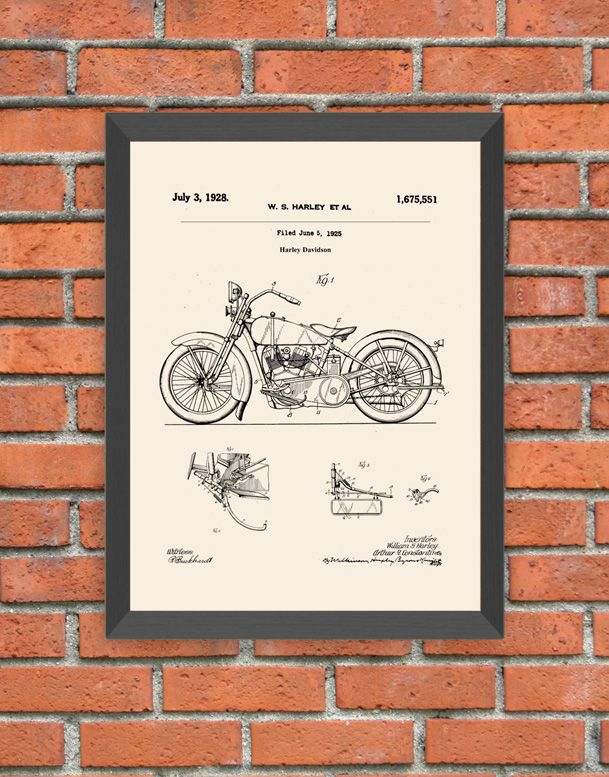 Cuadro patente Motocicleta Harley Davidson, Tamaños 31X38cm y 24.5X30.5cm